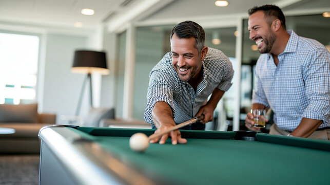Two adult coworkers play a friendly game of billiards on a compact pool table in a modern office lounge, one lining up a shot with the cue while the other waits with a drink in han
