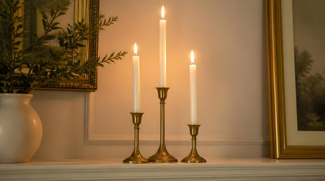 Three lit taper candles brass holders ornate decor framed art warm glow indoor setting