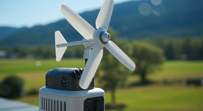 A portable wind turbine is connected to a power unit to generate off-grid electricity for personal use. Concept of a personal wind-powered generator.