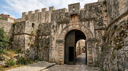 Obraz premium massive ancient arched stone entrance in an old city wall