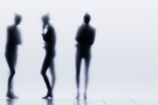 3D blurred business group standing in bright minimal space with anonymous professional silhouettes