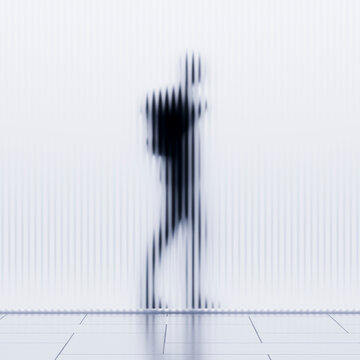3D solitary human figure standing behind translucent ribbed surface in minimal white interior