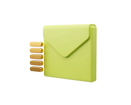 3D Cartoon Green Envelope with Gold Coins Isolated