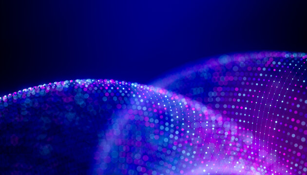 3D neon particle wave background with blue and magenta digital mesh and dark copy space