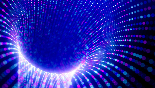 3D neon data arch with cascading particle lines and deep blue negative space