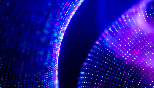 3D digital particle tunnel with luminous blue grid and magenta data flow