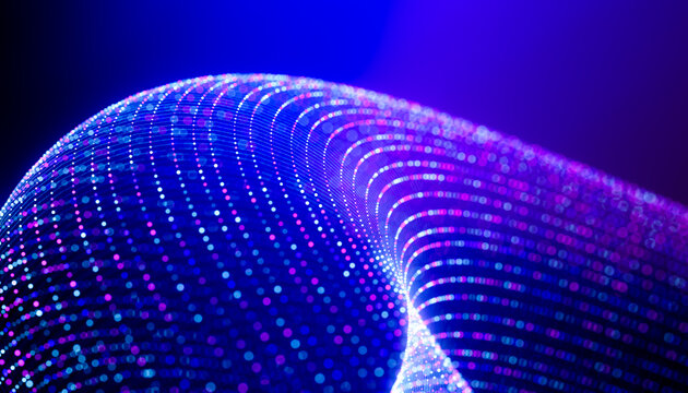 3D luminous ribbon mesh sweeping through dark space with blue and magenta particles