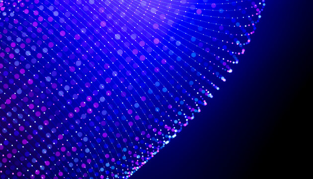 3D cyber mesh spiral with luminous particle strands and dark technology background
