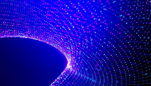 3D cascading data fabric with blue particle grid and glowing magenta haze