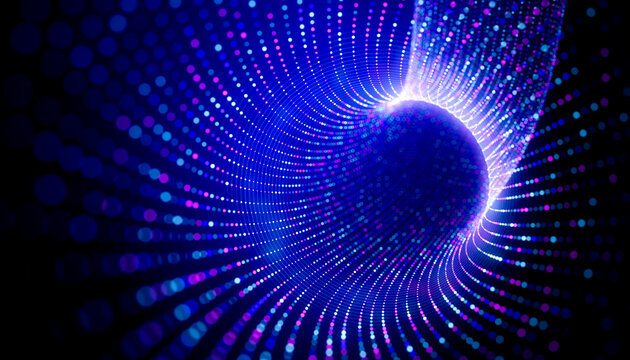 3D split particle wave with blue and magenta light mesh framing dark copy space