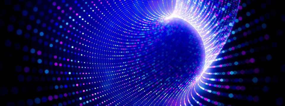 3D radiant data stream with layered particle curves and violet technology background