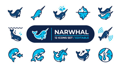 Narwhal Icon Set: A vibrant collection of twelve charming narwhal icons, showcasing these unique marine mammals in various poses and Arctic-themed scenarios. © Md
