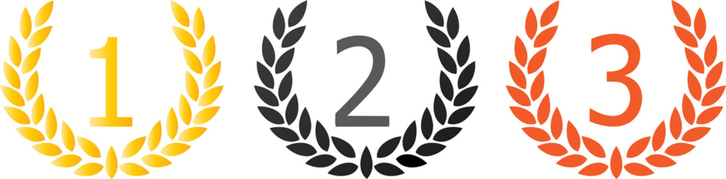 Three numbered laurel wreaths representing first second third place