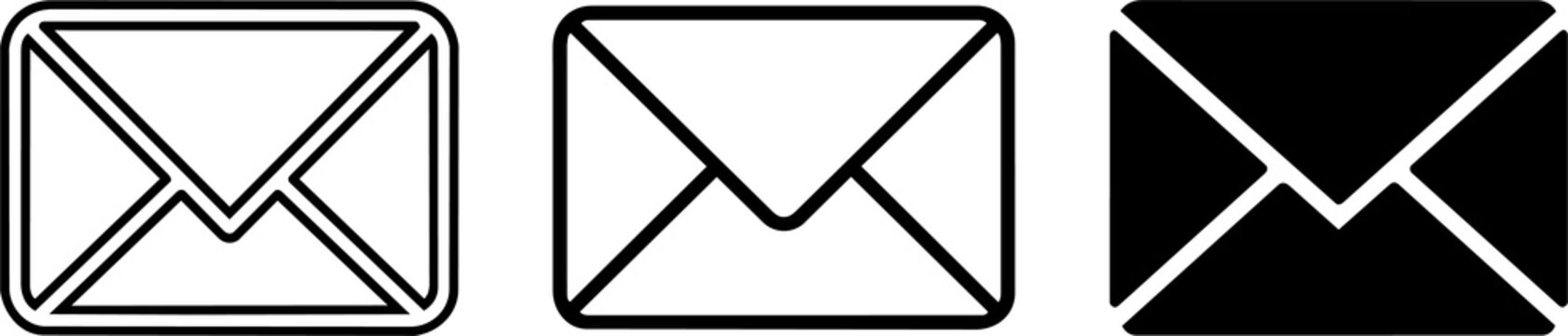 Three different styles of black and white email envelope icons with envelope ico