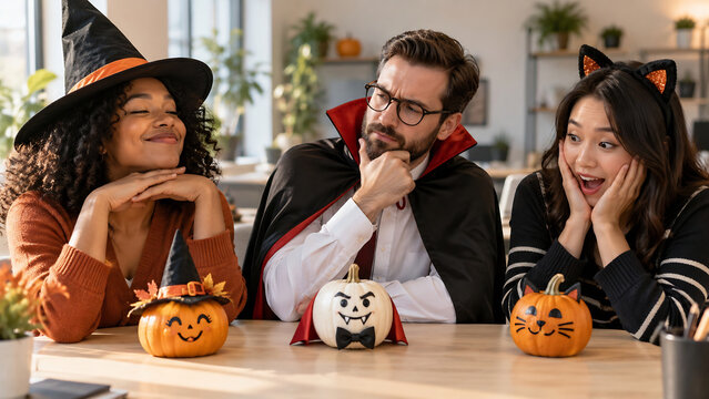 Coworkers in Halloween Costumes with Decorated Pumpkins at Office