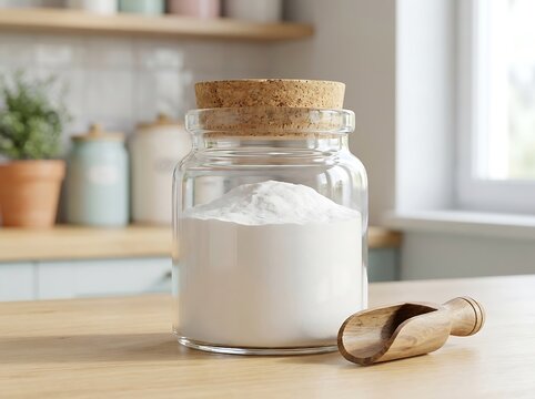 Clear glass jar with white flour and wooden scoop on a kitchen counter in a bright home kitchen. baking soda packaging