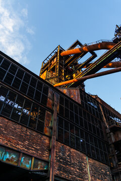 View of the rusted industrial structures and brick architecture of the Dolni Vitkovice complex in Ostrava, Moravian-Silesian Reg, Czechia.