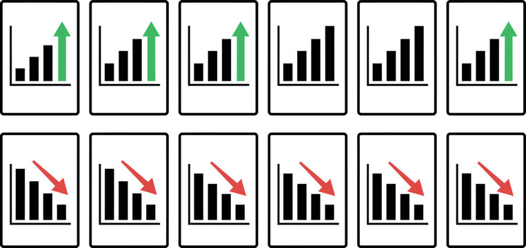 Business growth and decline vector illustration featuring financial performance charts, bar graphs, and directional arrows