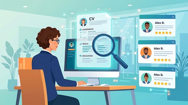 Recruiter using computer to review candidate c vs and ratings in modern office environment