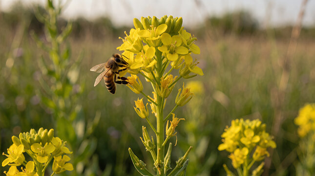 Bee collecting nectar from bright yellow flowers in a blooming field
