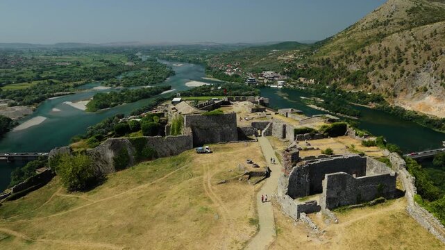 Descending Aerial View of Stone Fortification Ruins in Shkoder