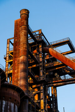 View of the rusted steel structures and blast furnace of the historic Dolni Vitkovice industrial complex in Ostrava, Moravian-Silesian Reg, Czechia.