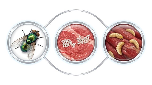 Life cycle of house fly showing insect eggs on raw meat and larvae development food safety development entomology contamination decomposition parasite infestation