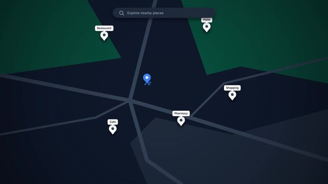 High quality 4K seamless looping motion background featuring a cinematic fullscreen dark mode GPS map. Displays animated location pins dropping, expansive radar pulses, route line drawing, and a clean