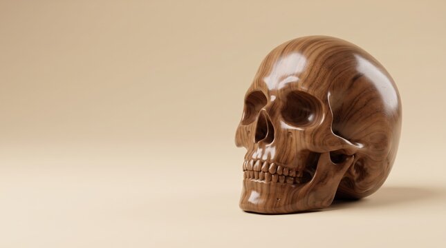 Happy halloween wooden skull decoration on neutral background 31 october with halloween graphics, halloween 31 october