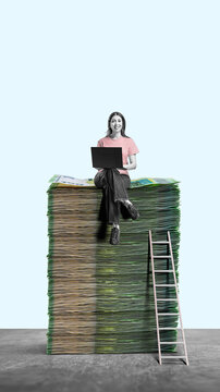 Businesswoman sitting on a large stack of 100-euro notes, flat design.