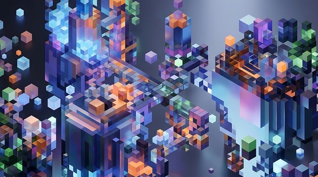 Abstract 3d geometric composition of glowing floating cubes and data blocks in a virtual