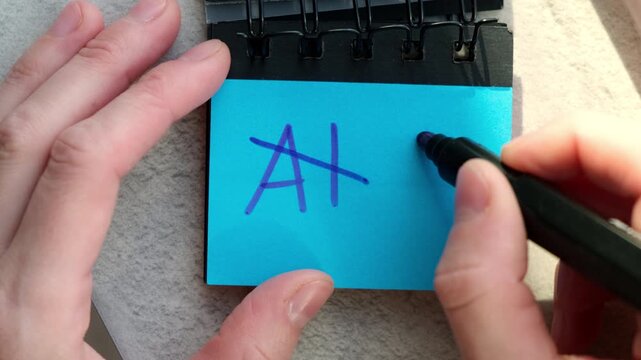 Technology and artificial intelligence concept video featuring a hand holding a blue sticky note with the text AI SI, representing innovation, machine learning, modern tech, and digital future.
