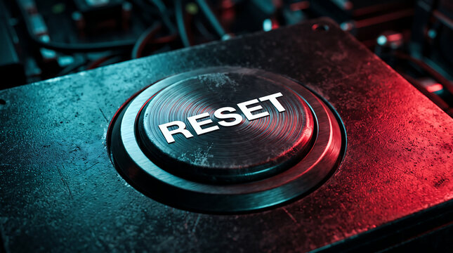 Macro view of a metallic reset button on a circuit board representing system reboot and technical troubleshooting
