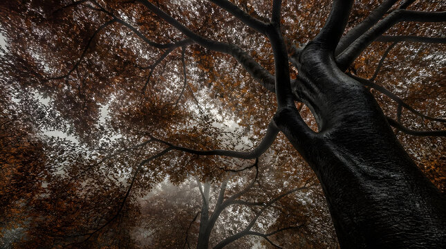 Detailed forest canopy view low angle shot through copper foliage trees nature greenery