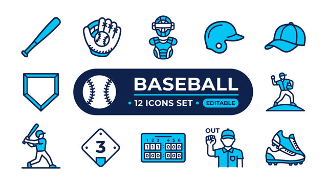Baseball Icon Set: A collection of stylized blue and white icons representing various baseball elements, including a bat, glove, catcher's mask, helmet, cap, home plate, baseball, scoreboard, umpire.