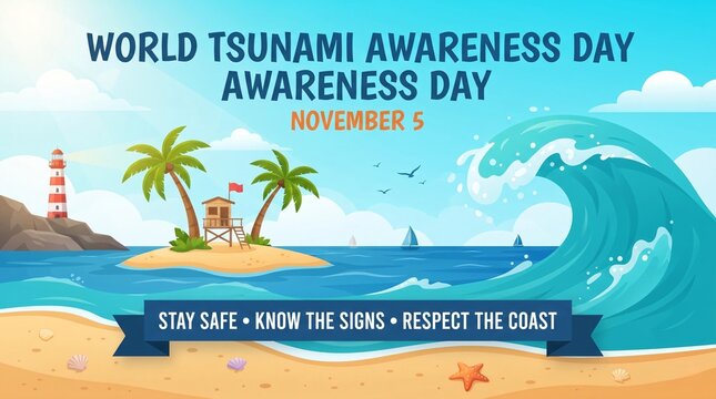 World Tsunami Awareness Day banner with flat vector ocean wave and tropical island
