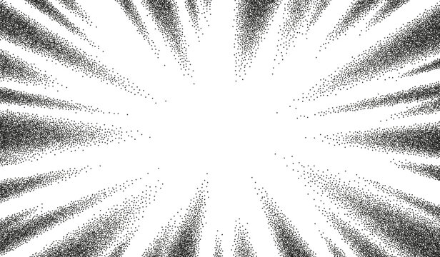 Abstract radial dotted starburst background. Monochrome stippling texture with converging rays. Retro comic grain explosion vector.