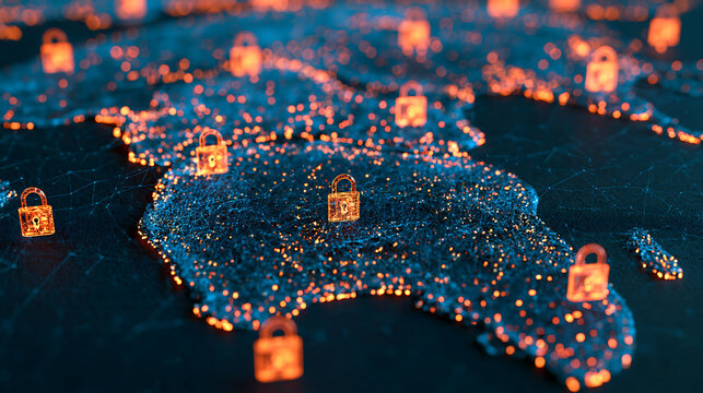 Glowing world map shows digital locks. Orange locks mark global data security. Cities shine with secure data connections. Dark background emphasizes protection themes. Ideal for cyber, privacy