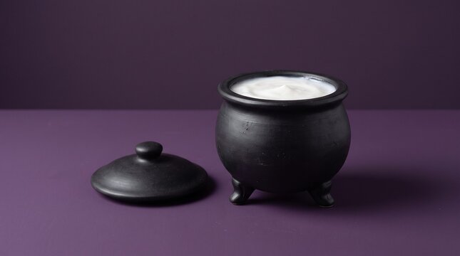 White sour cream in a black ceramic pot with a lid on a purple background