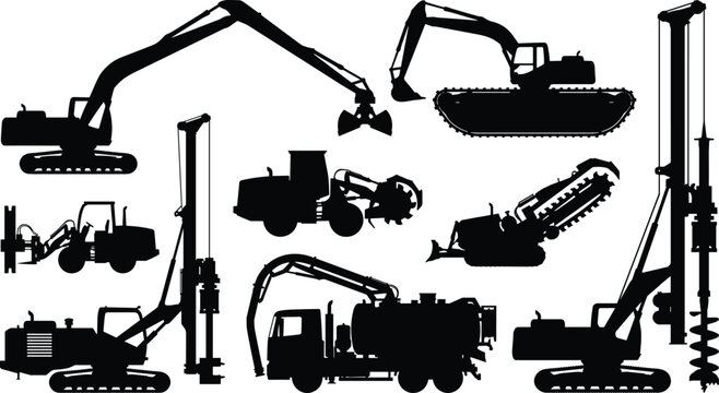 Heavy Construction Machinery Silhouette Collection with Excavators, Drilling Rigs, Trenchers and Industrial Equipment