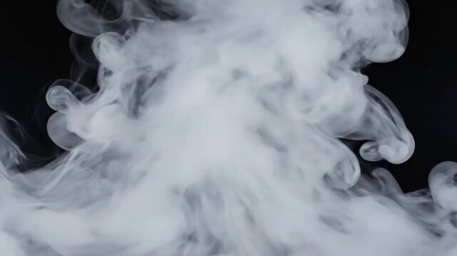 Dense smoke rising on black background, thick white fog overlay element, atmospheric vapor motion graphics background