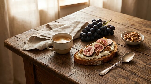 Fresh fig toast with nut butter and grapes served with a cup of coffee on a rustic wooden table. espresso food combo