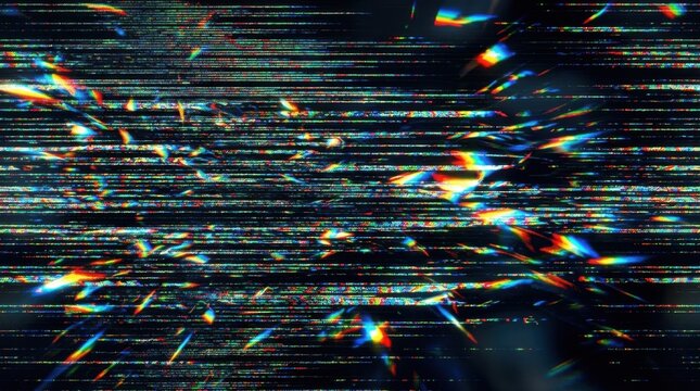 Vibrant digital glitch effect background with rainbow light refractions and sparkling flares, creating an abstract dynamic pattern over horizontal static noise lines on a dark screen, illustrating dat
