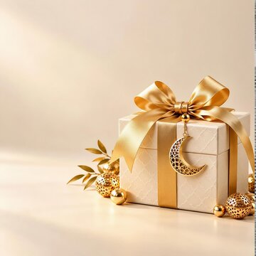 Elegant Eid gift box with golden ribbon and copy space