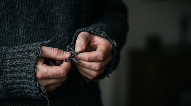 Extreme close up of anonymous hands nervously picking and pulling at the loose threads of a dark sweater