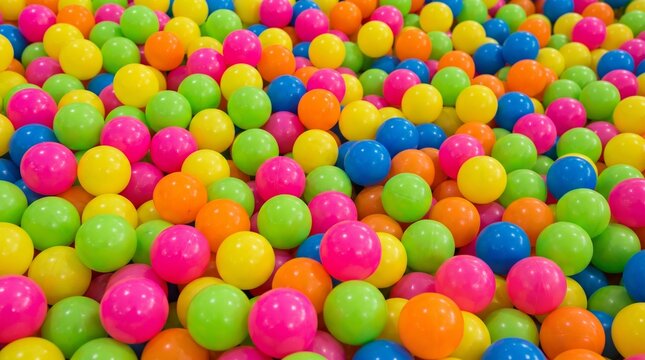 Vibrant multicolored plastic balls, close-up of a colorful ball pit for children's entertainment and play areas