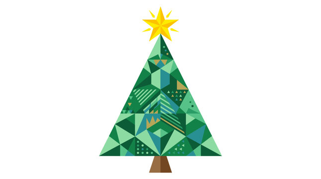 Minimalist geometric Christmas tree illustration featuring a mosaic of green triangles and polygons, topped with a bright yellow star, isolated on a white background for holidays.