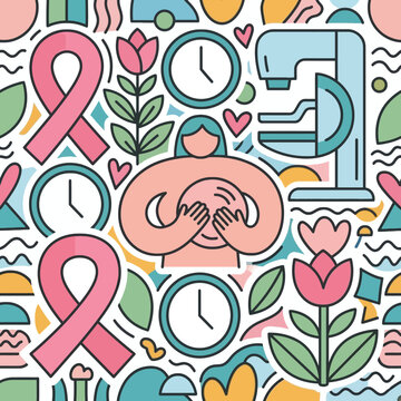 No bra day awareness doodle pattern with pink ribbons and women icons