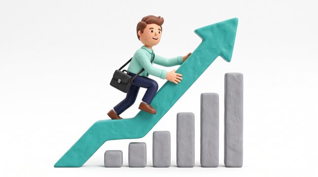 A cartoon businessman climbing an upward trending arrow graph representing financial growth and professional success