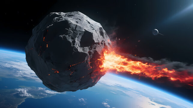 Giant gray meteor with glowing lava against earth